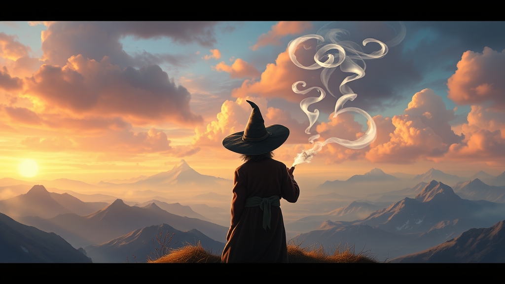 Un mago contempla un paisaje de fantasía mientras fuma en pipa